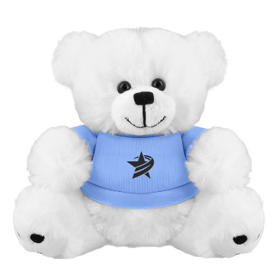 Plush and cotton white bear with a blue t-shirt with a personalized logo.