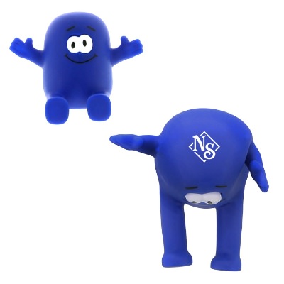Blue foam stress ball with a custom logo.