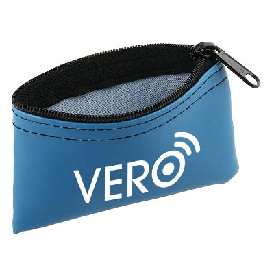 Blue vinyl pouch with a branded logo.