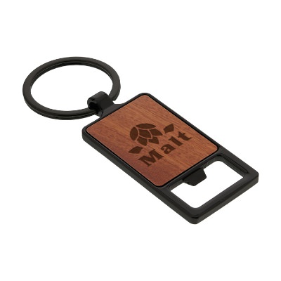 Black sleek bottle opener with custom laser engraved promotional imprint.