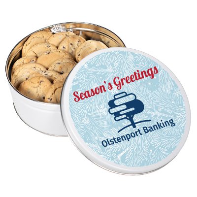 Custom full color white chocolate chip gourmet cookie tin.