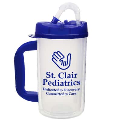 Plastic blue tumbler with custom imprint in 34 ounces.