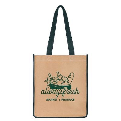 Paper and polypropylene red tote with custom logo.