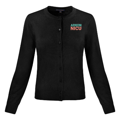 Black cardigan with custom embroidered imprint.
