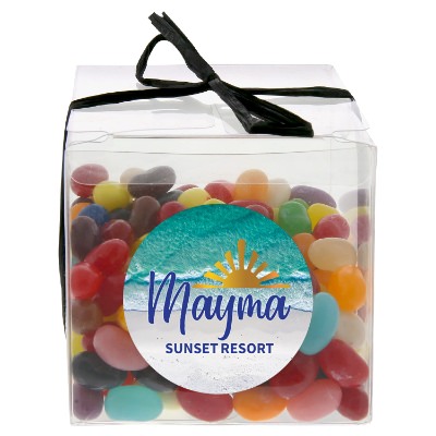 Clear plastic cube with a personalized logo.
