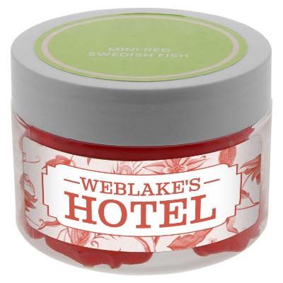Clear plastic jar with a personalized logo.
