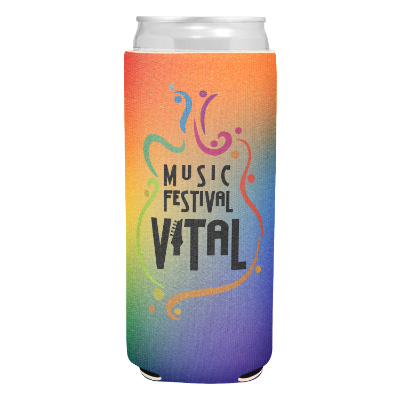 Rainbow slim can cooler with custom full color imprint.