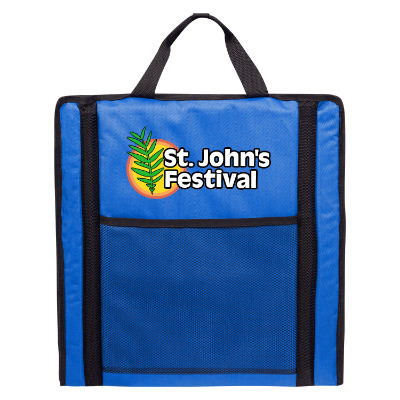Blue polyester seat cushion with a custom logo.