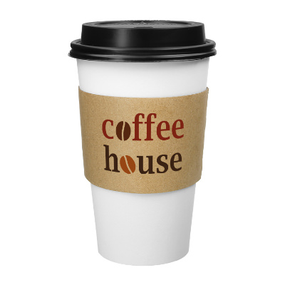Kraft paper coffee sleeve with custom full-color branding.