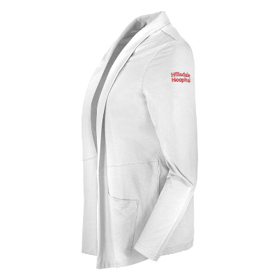 White cardigan with embroidered logo.