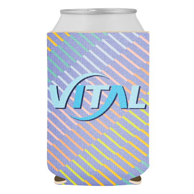 Boho patterned can cooler with custom full color imprint.