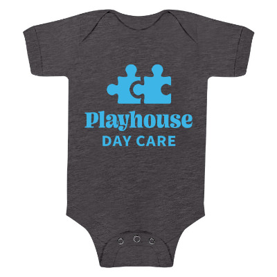 Dark grey heather one piece with custom logo.