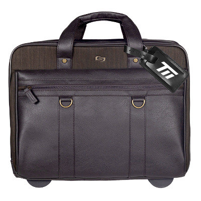 Black rolling case with custom logo.