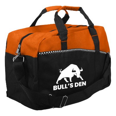Custom black and orange duffle bag with white imprint.
