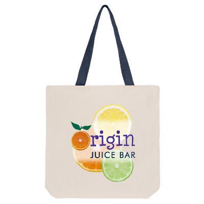 Natural cotton tote bag with navy handles, full-color custom logo and reinforced handles.