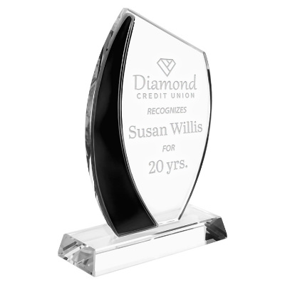 Crystal award with custom laser engraved imprint.