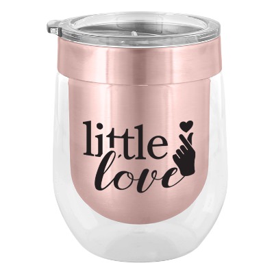 Rose gold wine tumbler with custom logo.
