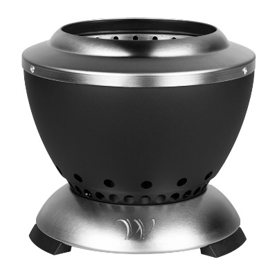 Black firepit with custom engraved logo.