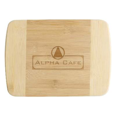 Natural 8-in. wellington two-tone bamboo cutting board with laser engraved logo.