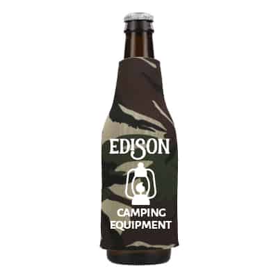 Foam camo bottle sleeve can cooler with custom logo.