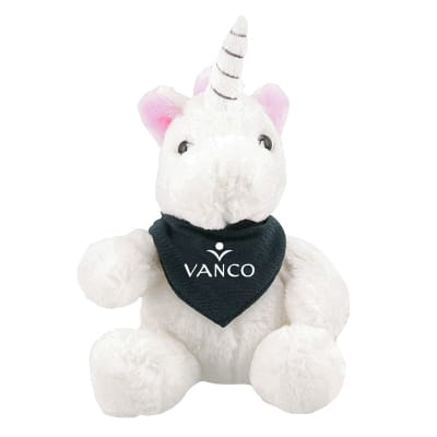 Plush and cotton unicorn with navy bandana with branded logo.
