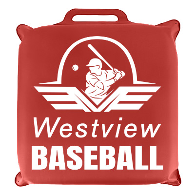 Red vinyl seat cushion with a personalized logo.