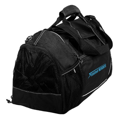 Durable black polyester gym bag with custom blue imprint.
