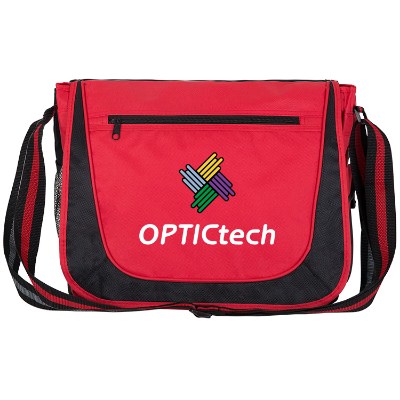 Polyester red striped handle messenger bag with custom full color imprint.