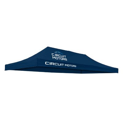 Navy 20-ft. tent canopy with custom imprint in 2 locations.