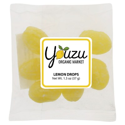 Clear plastic packet with a branded logo.