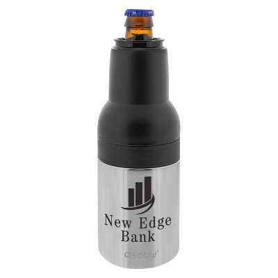 Stainless silver bottle cooler with custom logo.