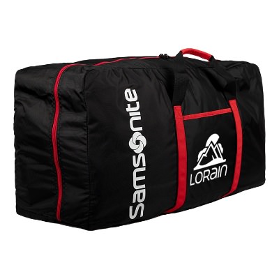 Black gym bag with red accents and white imprint.