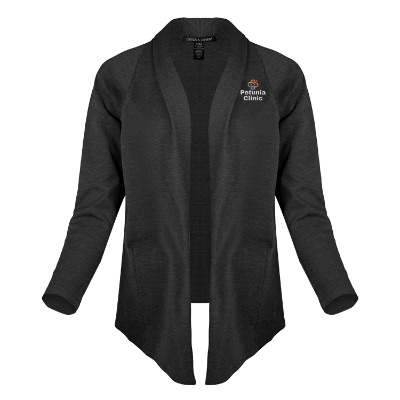 Custom dark gray cardigan with embroidered logo.