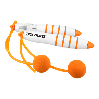 Plastic orange and white jump rope with custom logo.