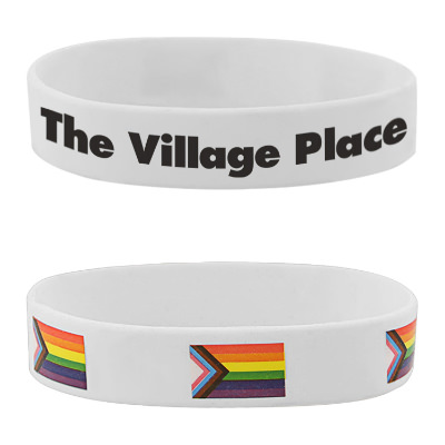 White silicone wristband with a custom logo.