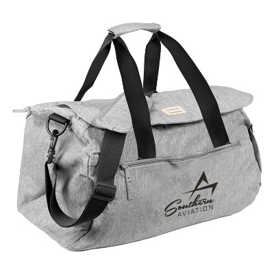 Gray gym bag with black handles and a white logo.