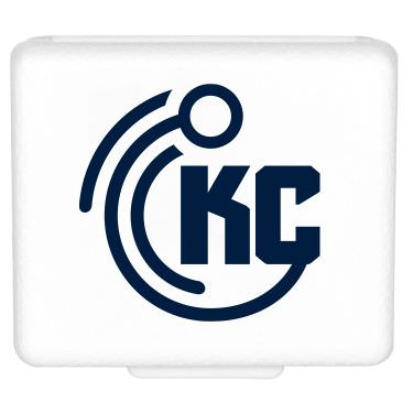Plastic white pill box with a custom imprint.