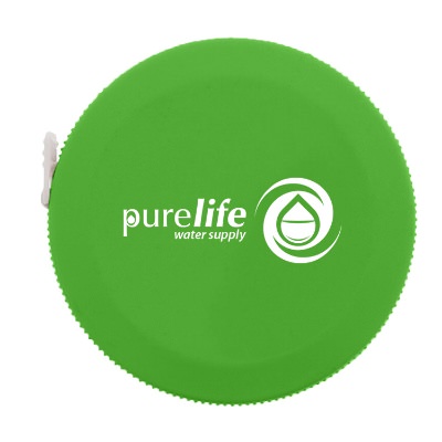 Plastic purple with white button retractable tape measure with logoed imprint.