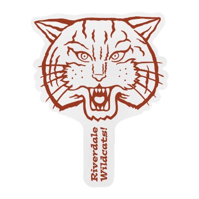 White plastic hand fan with a custom logo.