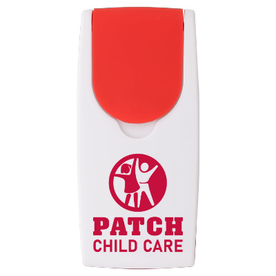 White with red plastic first aid kit with a branded logo.