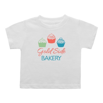 white toddler tee with custo full color logo.