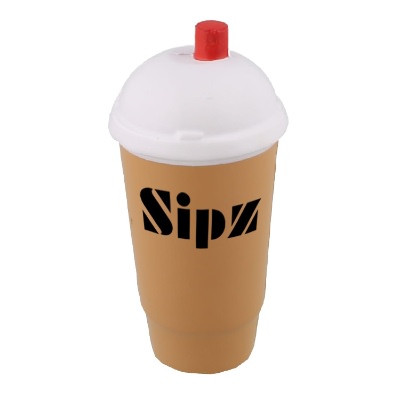 Brown foam stress ball with a custom logo.