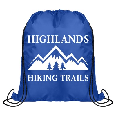 Blue rPET drawstring bag with custom imprint.