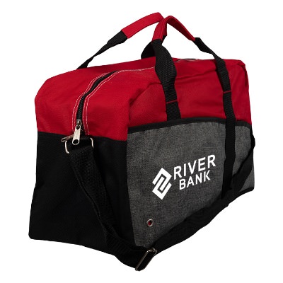 Red colorblock gym bag with custom white imprint.