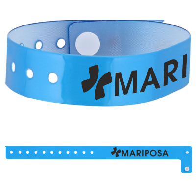 Blue vinyl wristband with a branded imprint.