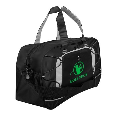 Black gym bag with bungee cord and custom green imprint.