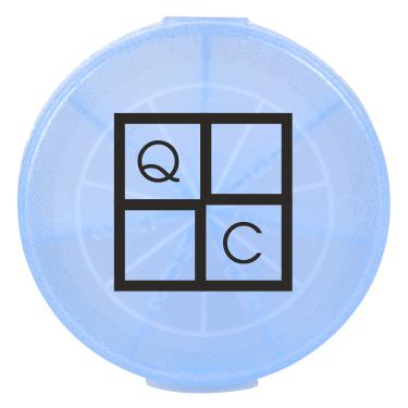 Plastic blue pill box with a personalized logo.