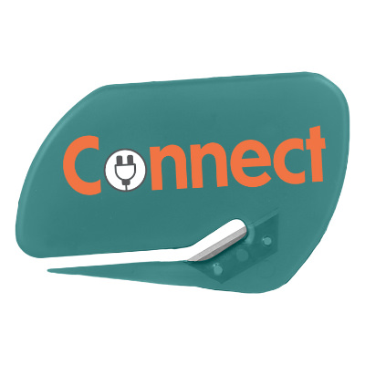 Aqua plastic letter opener with a branded logo.