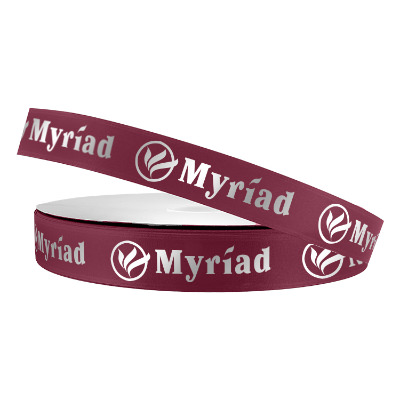 Burgundy satin ribbon with a personalized imprint.