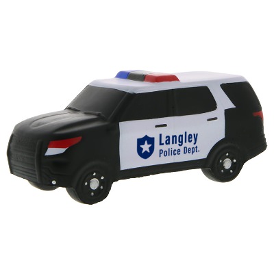 Black foam stress ball with a custom logo.